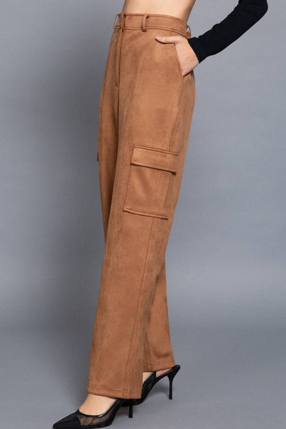 High Waist Straight Line Suede Cargo Pants