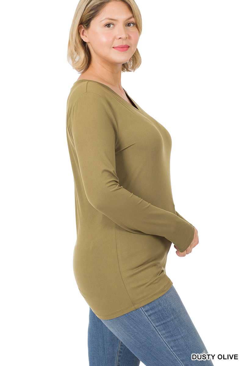 Plus Size Brushed Microfiber Long Sleeve V-neck Tee