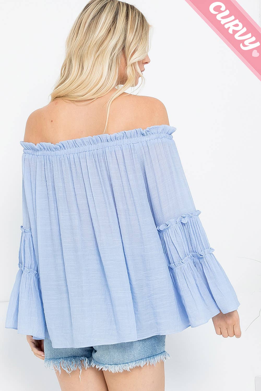 PLUS SIZE  OFF SHOULDER TIERED SLEEVE TOP: ICE BLUE / Plus Size / 3XL