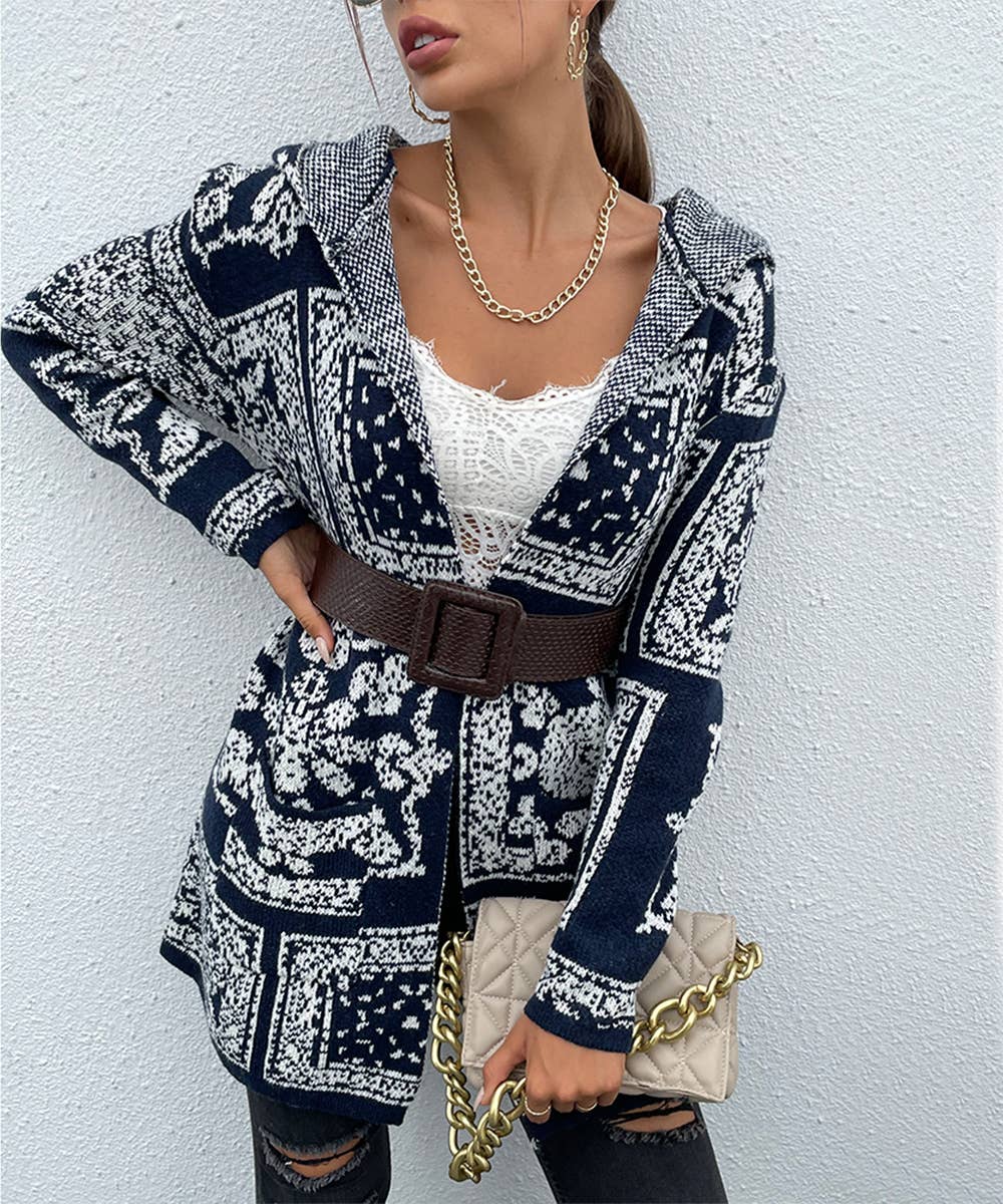 Navy blue floral pattern hooded cardigan with pockets: L