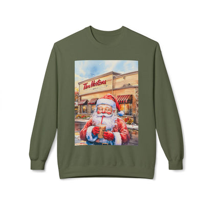 Santa with an Iced Coffee at Tim Horton's Cozy Unisex Christmas Crewneck Sweatshirt