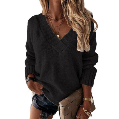 Women Solid Color V-Neck Long Sleeve Knit Pullover Sweater