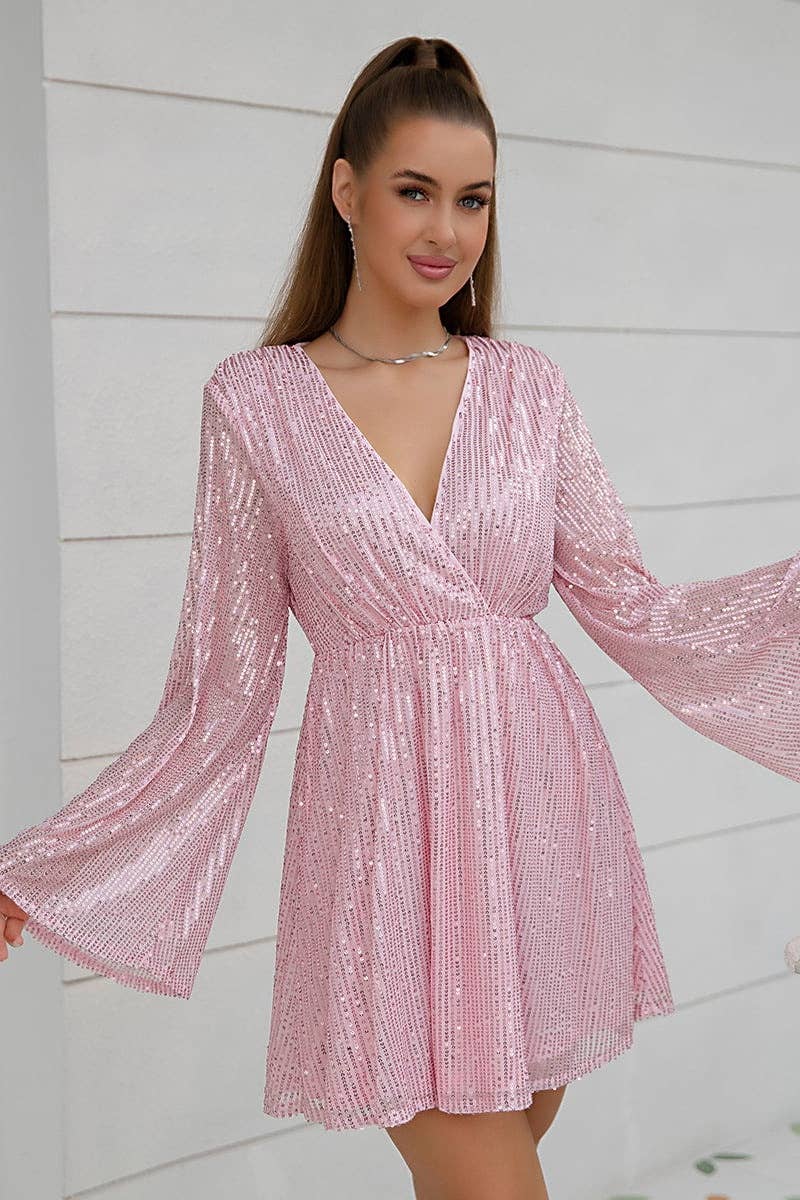 CWDSD4294_SEQUIN LONG SLEEVE MESH DEEP V SWING DRESS