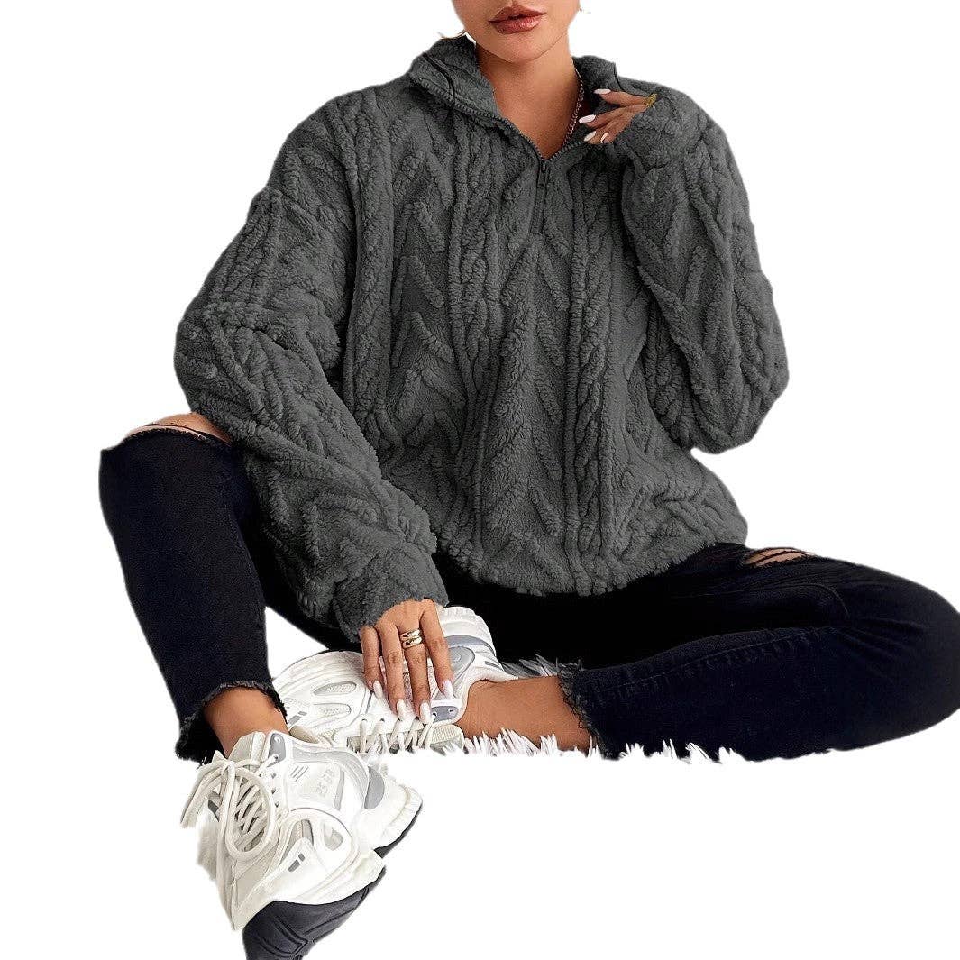 Women Casual Double-Side Plush Floral Zip-Up sweatshirt