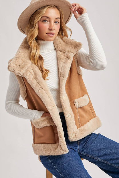FAUX SUEDE WITH FAUX SHEARLING LINING TRIM VEST