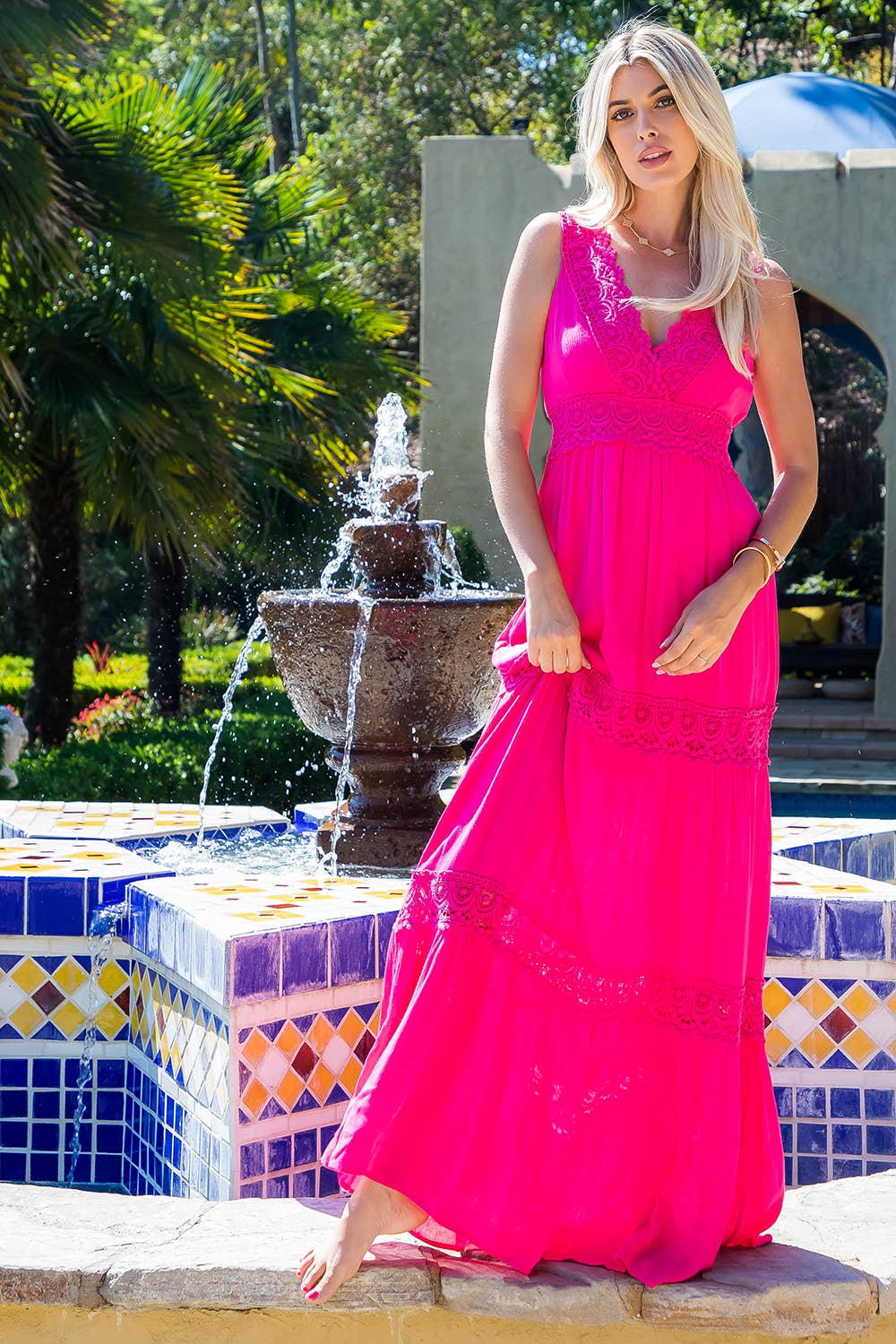 CROCHET LACE WOVEN MAXI DRESS: SLATE BLUE / S