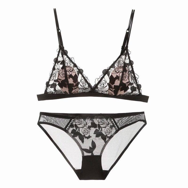Rose Embroidered Lace Cotton Bra Set