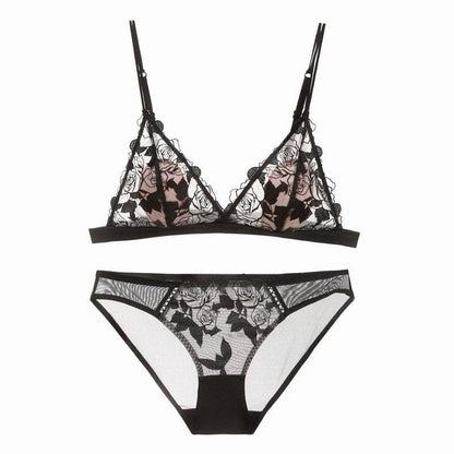 Rose Embroidered Lace Cotton Bra Set