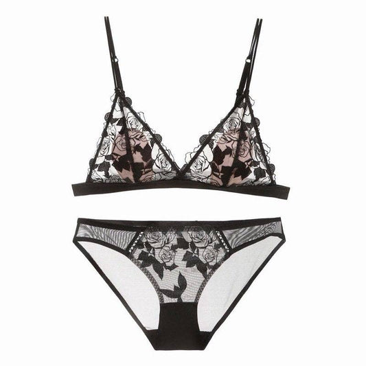 Rose Embroidered Lace Cotton Bra Set