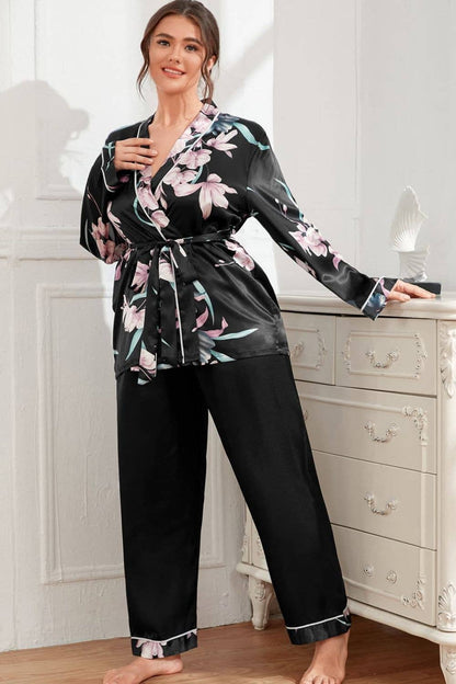 Plus Size Floral Belted Robe and Pants Pajama Set: Black / 1XL