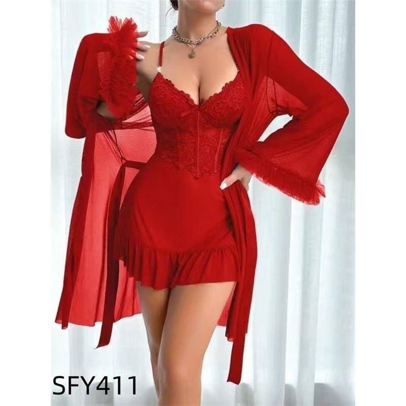 Sexy Lace Chemise Nightgown Women Summer Sleepwear Set