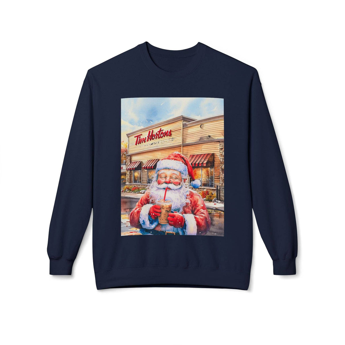 Santa with an Iced Coffee at Tim Horton's Cozy Unisex Christmas Crewneck Sweatshirt
