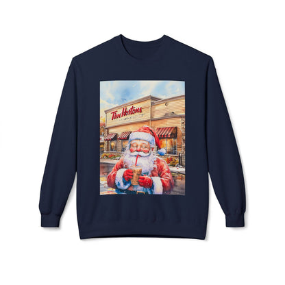 Santa with an Iced Coffee at Tim Horton's Cozy Unisex Christmas Crewneck Sweatshirt