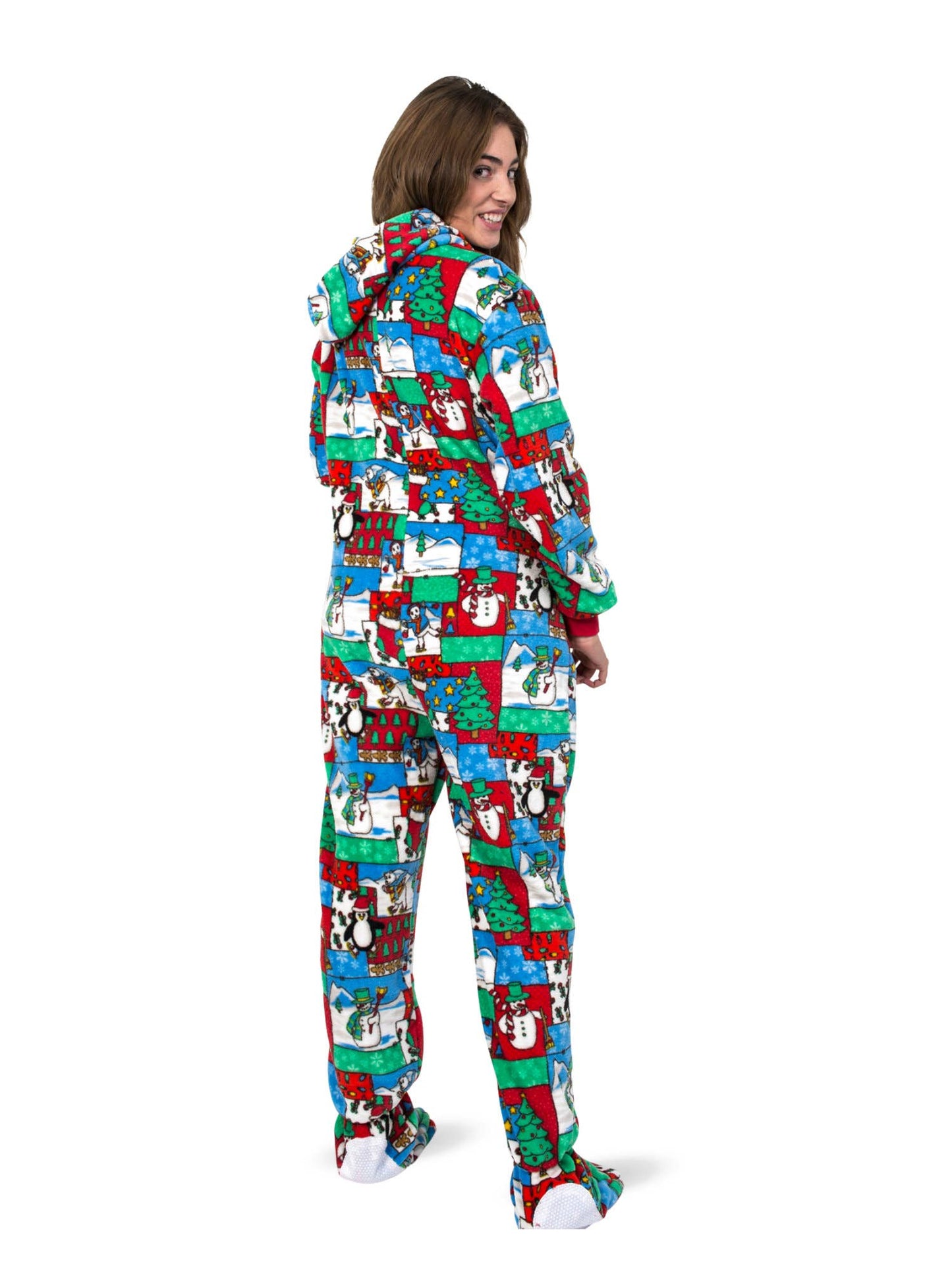 Winter Fun Christmas Adult Footed Pajamas with Hood: M / Yes