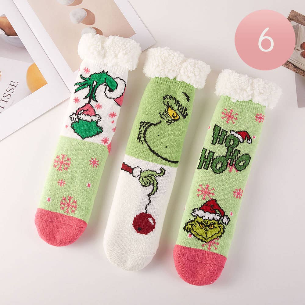 6Pairs - Holiday Grinch Non-Slip Cozy Winter Socks Set