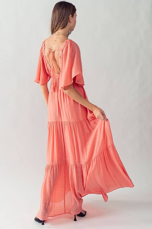 DEEP V NECK TIERED MAXI DRESS: BLACK