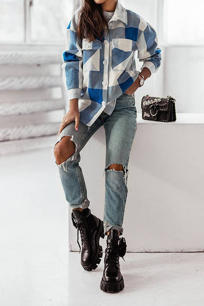 Colorful Open Button Pockets Plaid Shackets FHB012