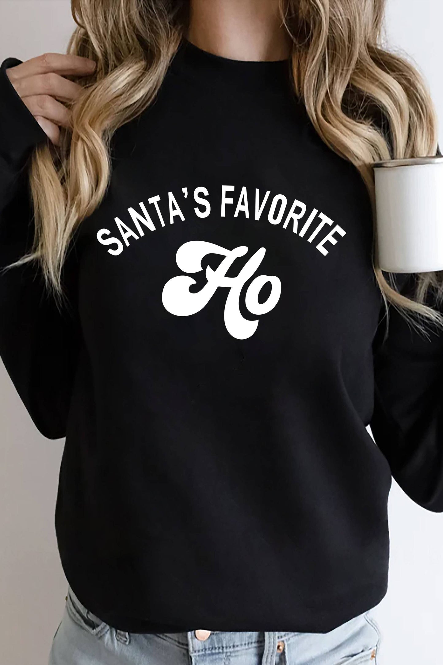 Santa's Favorite HO, Christmas, Unisex Crew-Neck FLEECE Sweatshirt: Black/Red / L