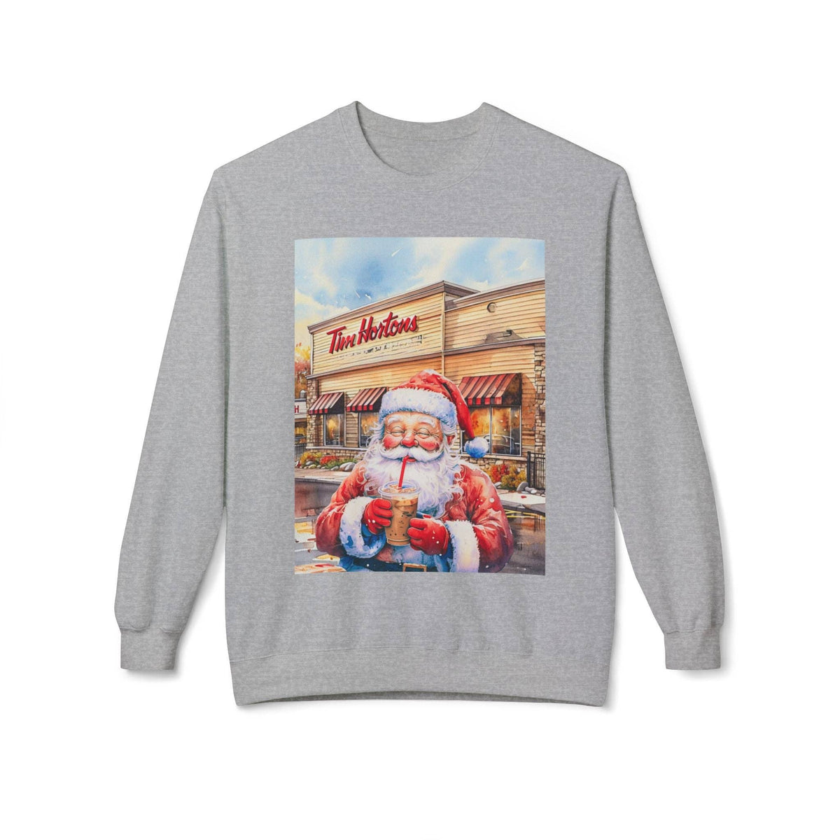 Santa with an Iced Coffee at Tim Horton's Cozy Unisex Christmas Crewneck Sweatshirt