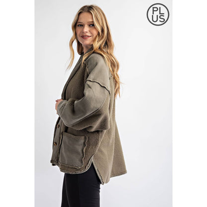 PLUS COTTON FRENCH TERRY MINERAL WASHED JACKET: Mocha / 2X