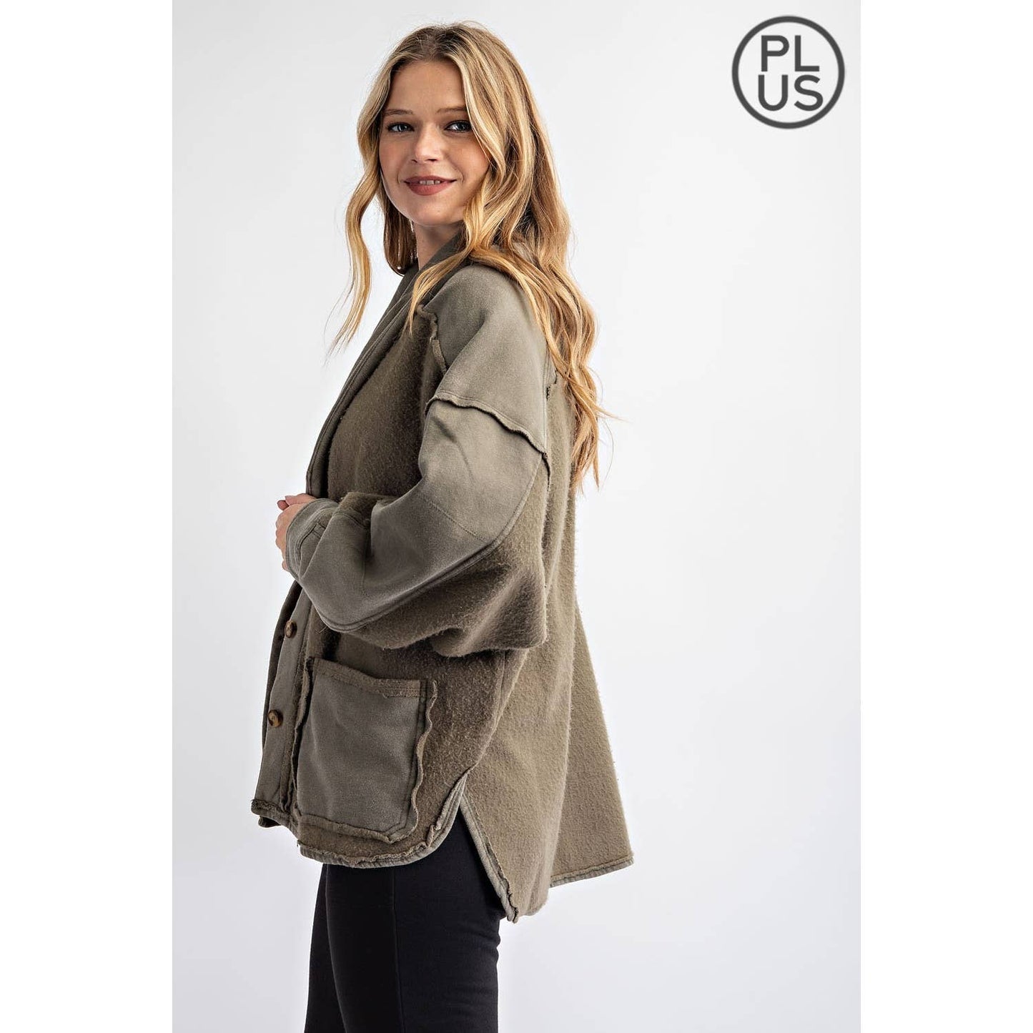 PLUS COTTON FRENCH TERRY MINERAL WASHED JACKET: Mocha / 3X