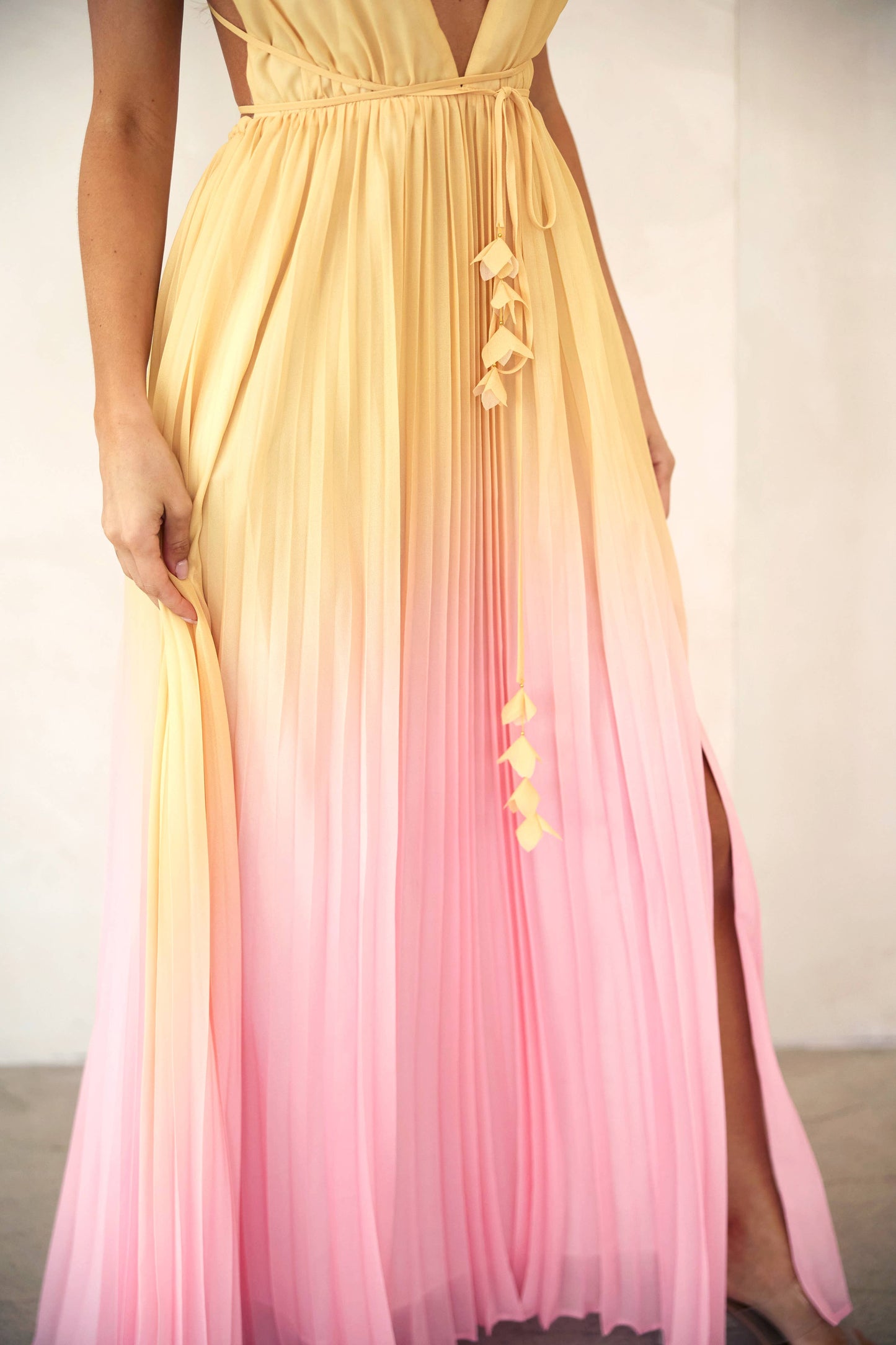 LD1225 Plunge Neckline Pleated Maxi Dress: Yellow Pink Ombre / Contemporary / L