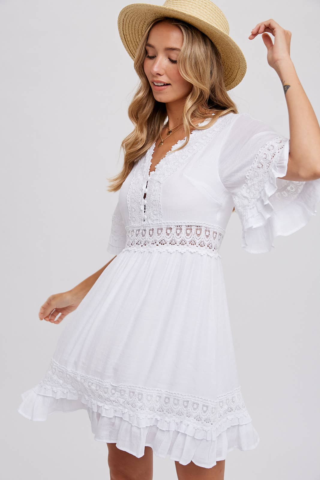 V-NECK LACE DRESS - Open Back with Tie Detail