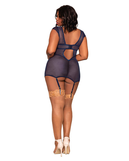 Plus Size Lace & Mesh Garter Slip Set with Plunging Neckline: Nocturnal / 3X