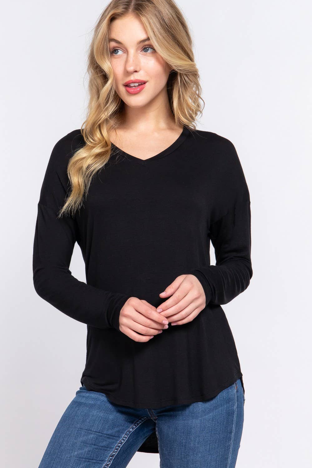 Long Dolman Sleeve V-neck Rayon Span Jersey Top