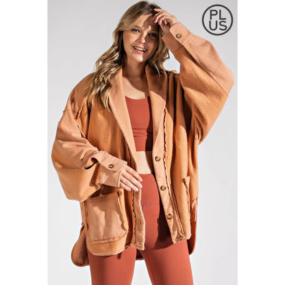 PLUS COTTON FRENCH TERRY MINERAL WASHED JACKET: Mocha / 3X