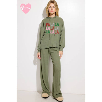 Falalala glitter print rib Hoodie loungewear set