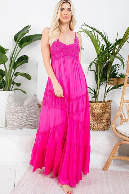 CROCHET LACE TIEREN HEMLINE MAXI DRESS: FUCHSIA / M