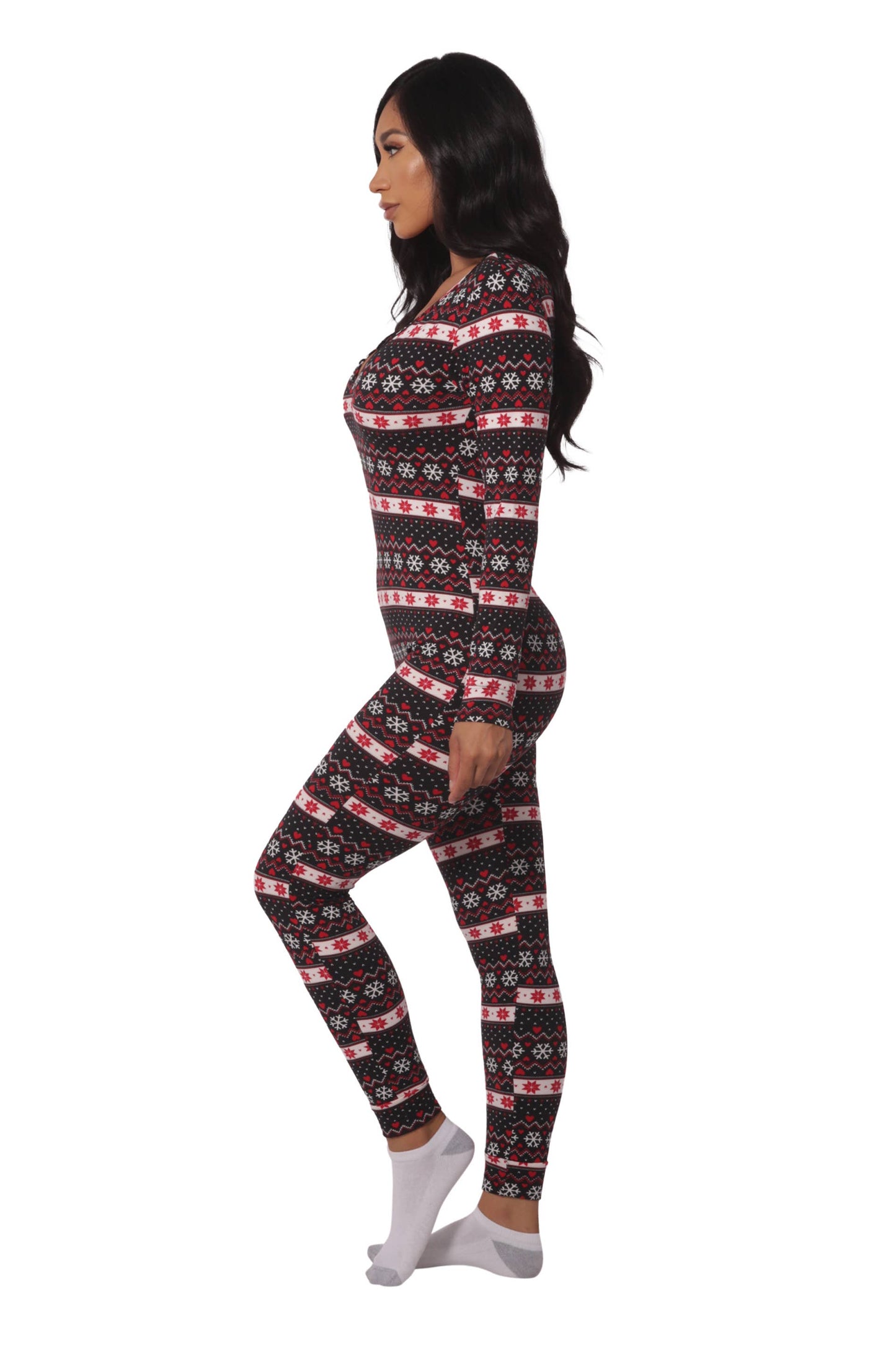 Womens Fleece Lined Button Up Holiday Onesie Pajamas