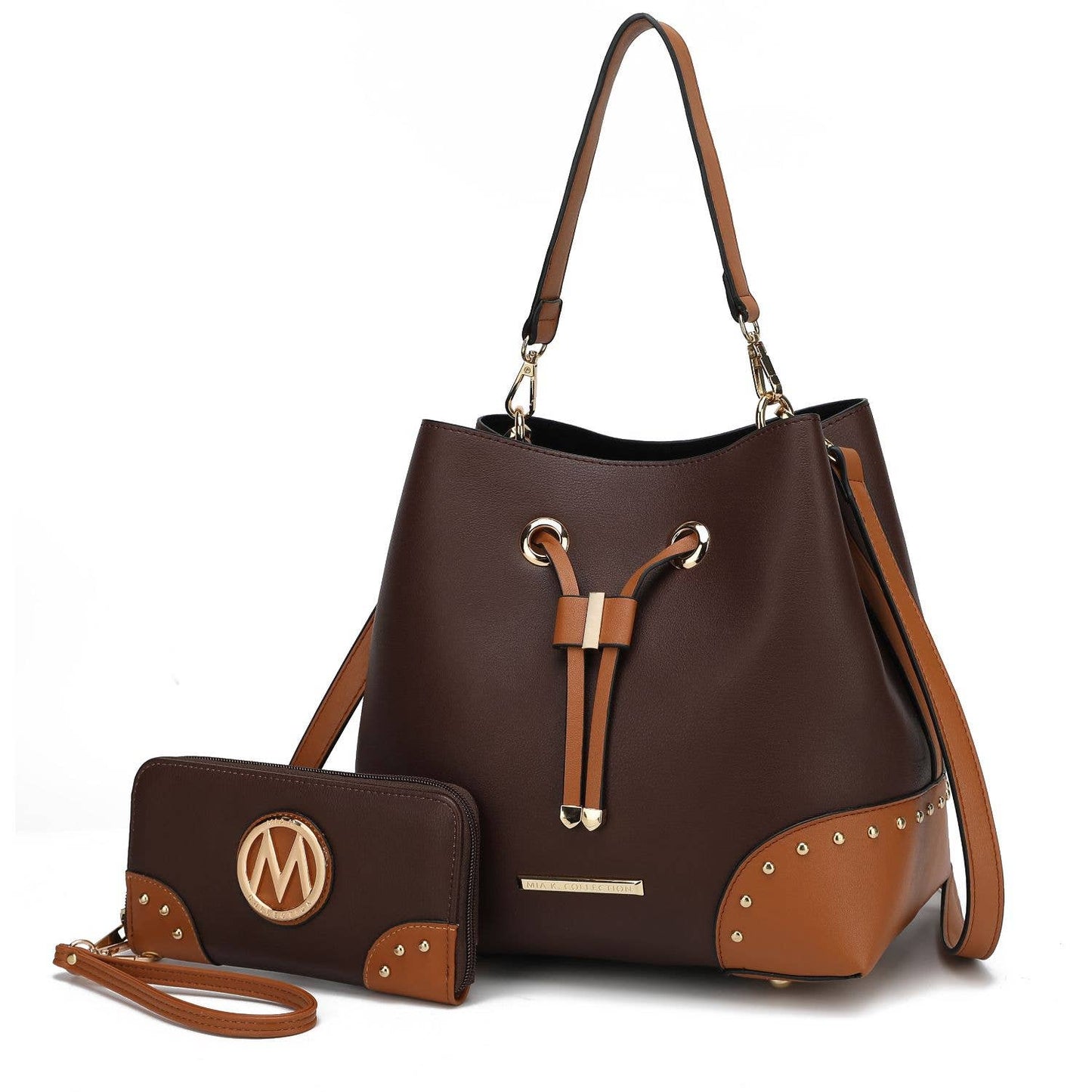 Candice Color Block Bucket Bag with matching Wallet by Mia K: Beige Coffee