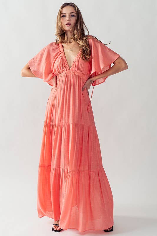 DEEP V NECK TIERED MAXI DRESS: BLACK