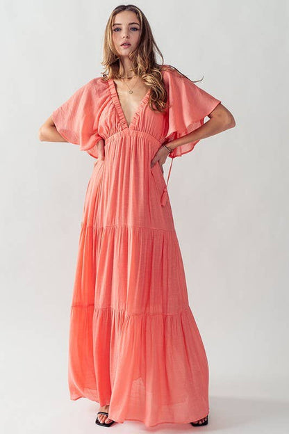 DEEP V NECK TIERED MAXI DRESS: BLACK