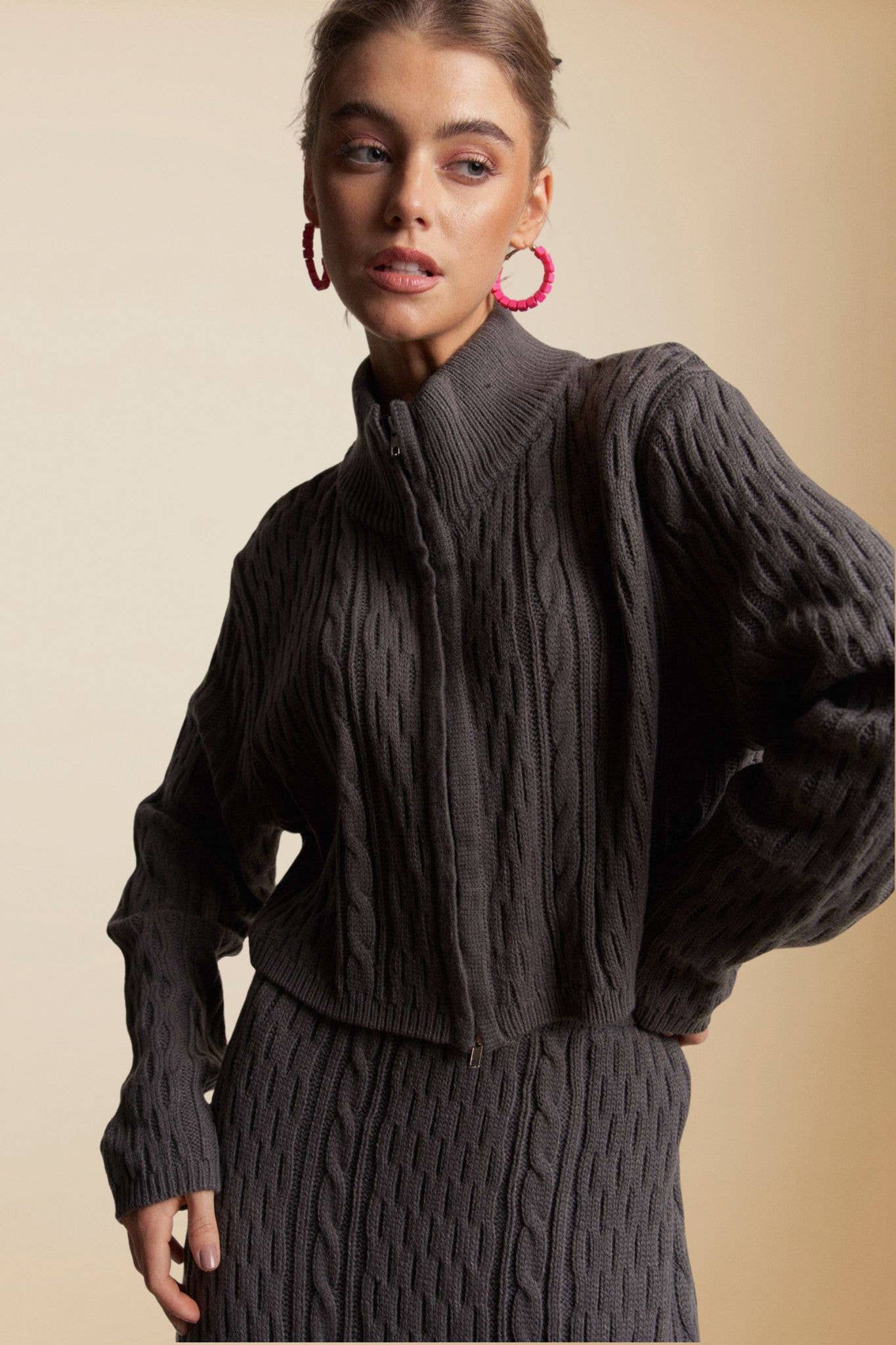 CESW3452 - ZIP UP SWEATER TOP AND SKIRT SETS