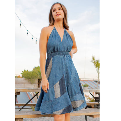 Halter Neck BabyDoll Western Dress Asymmetrical Patch Bottom: Blue / (S-M-L-XL 1-2-2-1)