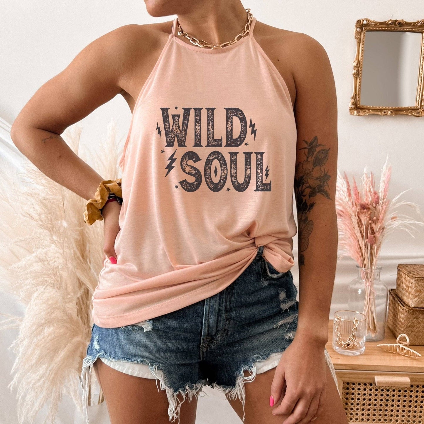 Black Distressed Wild Soul Tank Top: Stone / Large