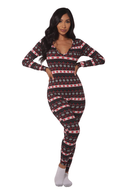 Womens Fleece Lined Button Up Holiday Onesie Pajamas