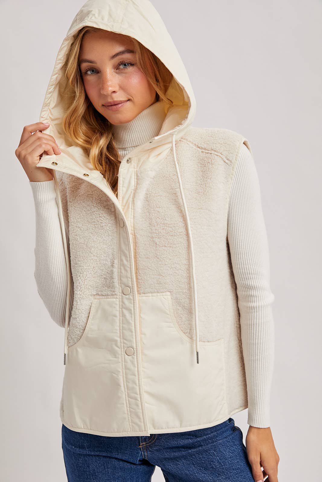 SHERPA FLEECE HOODED VEST WITH FAUX SUEDE INNER