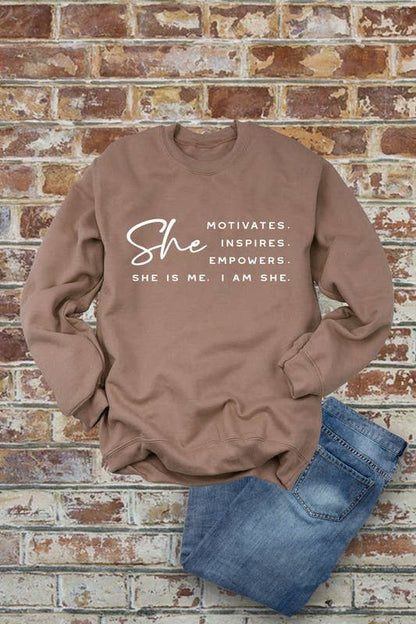 She Motivates, (XXL) Inspires,Empowers,She Is Me, I Am She,  PLUS Unisex Crewneck Fleece Sweatshirts: Black / XXL