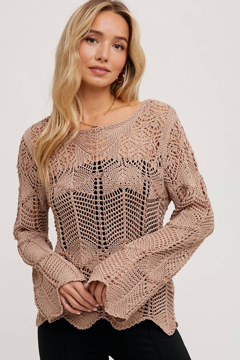Open Knit Sweater Pullover - Scallop Hem: LATTE / S