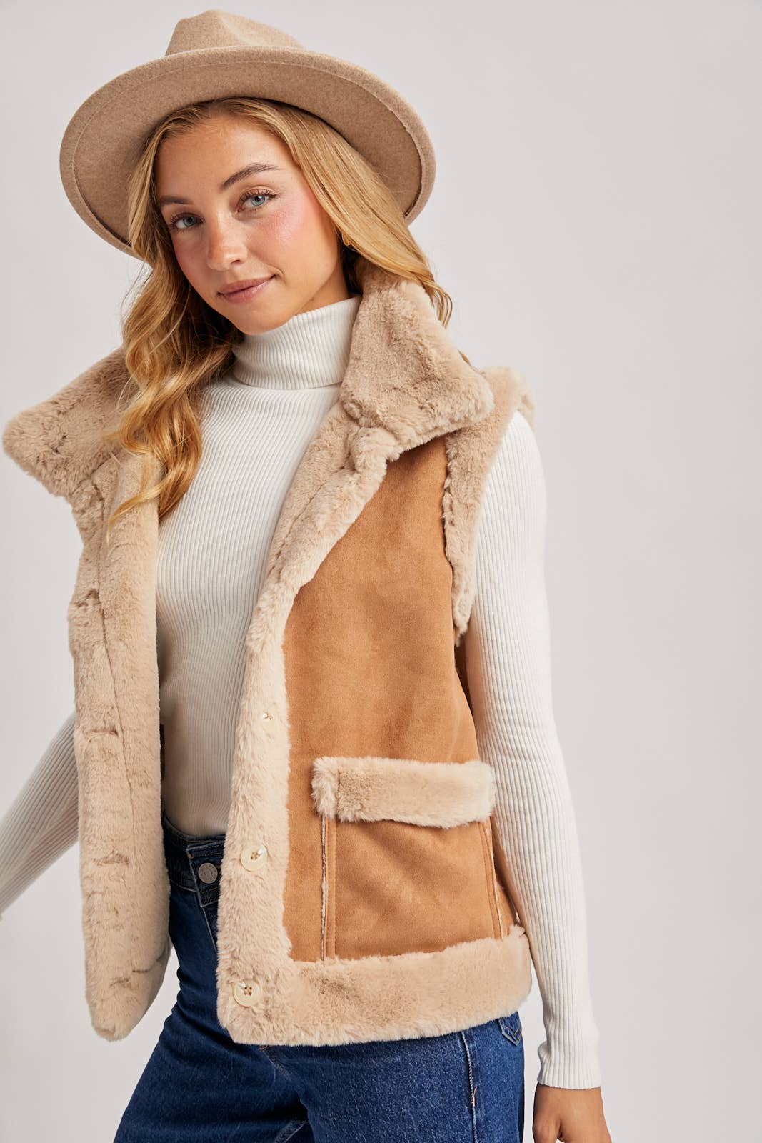 FAUX SUEDE WITH FAUX SHEARLING LINING TRIM VEST