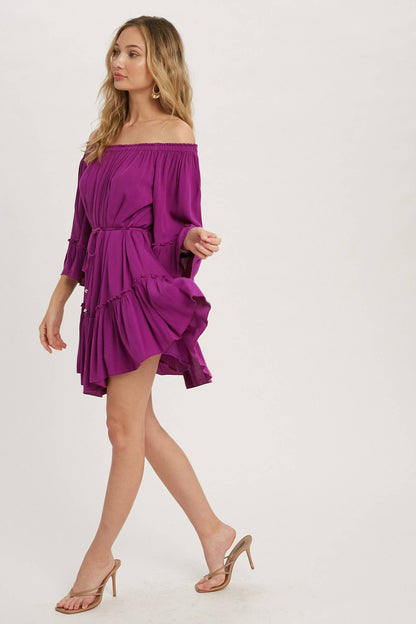 RUFFLED SOLID BOHO DRESS: ORCHID / M