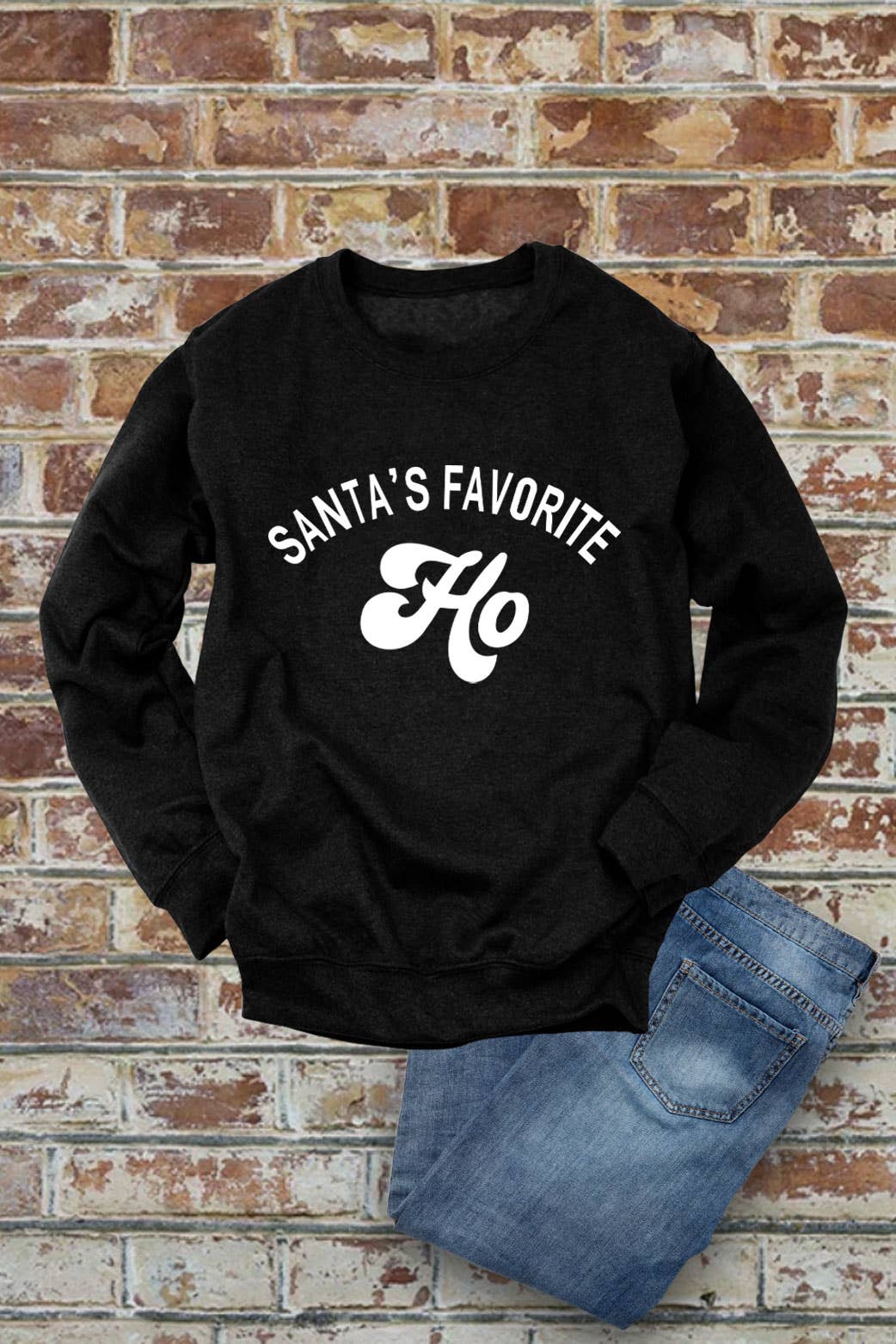 Santa's Favorite HO, Christmas, Unisex Crew-Neck FLEECE Sweatshirt: Black/Red / S