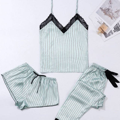 3 Piece Pajamas Stripe Pajamas Sets Women Lace Strap: Silver / S