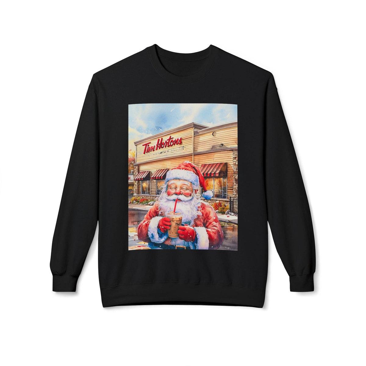 Santa with an Iced Coffee at Tim Horton's Cozy Unisex Christmas Crewneck Sweatshirt