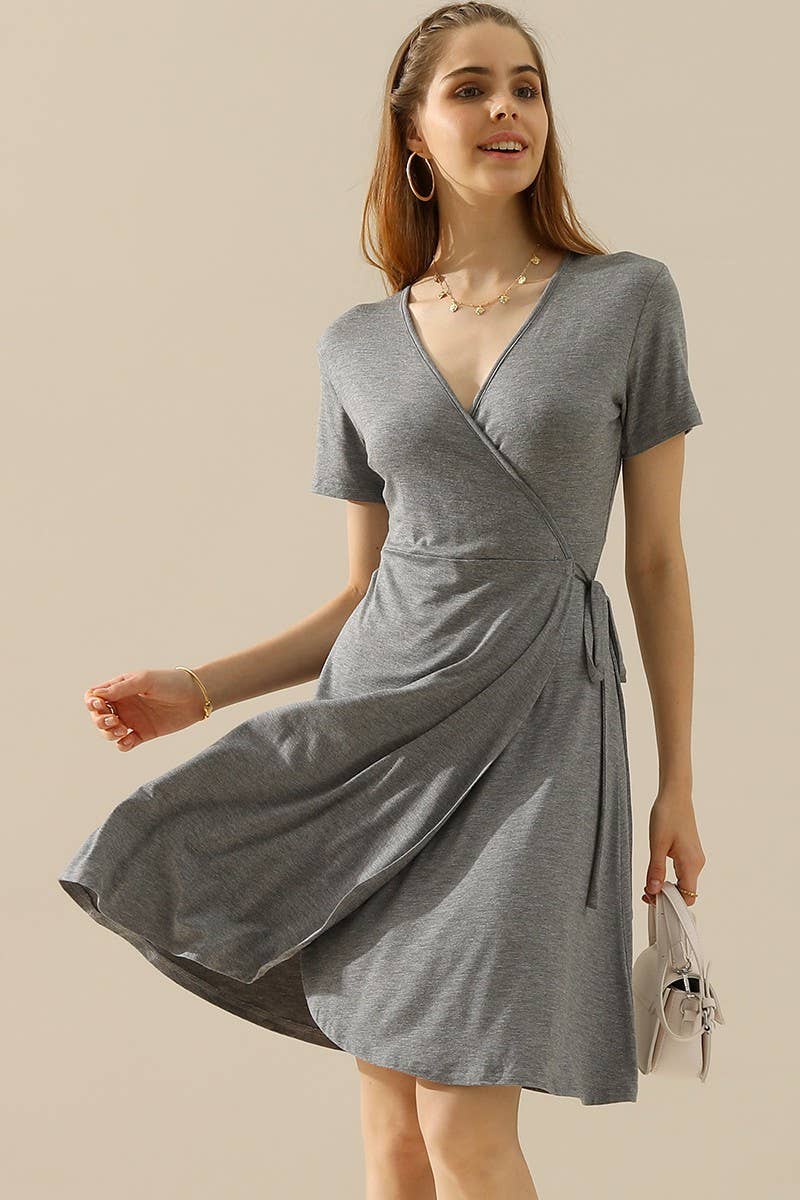 CWDSD10372_V NECK CASUALSHORT SLEEVE WRAP DRESSES