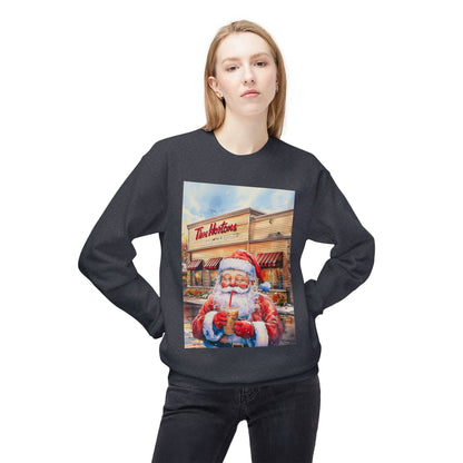 Santa with an Iced Coffee at Tim Horton's Cozy Unisex Christmas Crewneck Sweatshirt